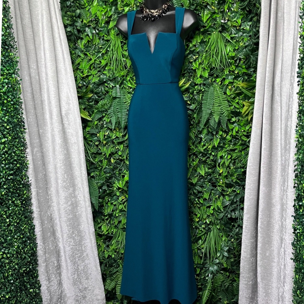 XSCAPE Dress 4 Teal Blue Green Notched Square Neck Maxi Evening Gown Formal 4138